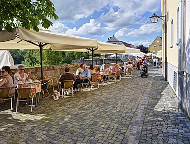 Restaurants along the Lech promenade, Landsberg am Lech, Bavaria, Germany, Europe, PublicGround