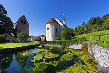 Monastery church with gatehouse, Kloster Wessobrunn Abbey, Pfaffenwinkel, Upper Bavaria, Bavaria, Germany, Europe