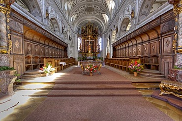 Interior view of the magnificent parish church of St. John the Baptist, old Premonstratensian abbey church, Steingaden, Upper Bavaria, Bavaria, Germany, Europe