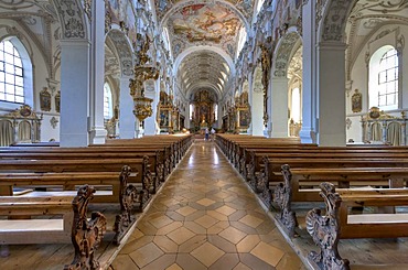 Interior view of the magnificent parish church of St. John the Baptist, old Premonstratensian abbey church, Steingaden, Upper Bavaria, Bavaria, Germany, Europe