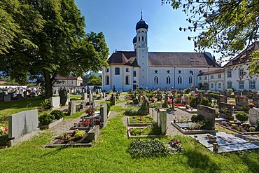 Church and cemetery of Benediktbeuern Abbey, a former Benedictine abbey, today a monastery of the Salesians of Don Bosco in Benediktbeuern, diocese of Augsburg, Benediktbeuern, Upper Bavaria, Bavaria, Germany, Europe