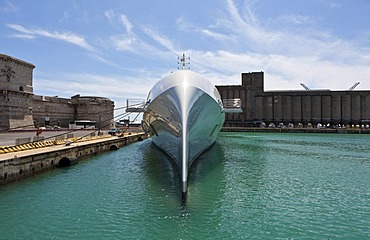 Mega yacht belonging to the billionaire Andrei Melnichenko, designed by Philippe Starck, in the port of Civitavecchia, Rome, Italy, Europe