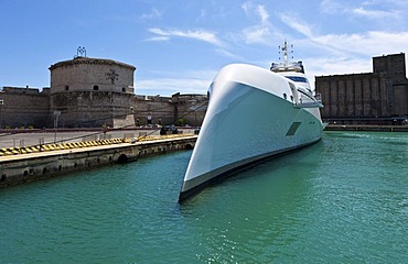 Mega yacht belonging to the billionaire Andrei Melnichenko, designed by Philippe Starck, in the port of Civitavecchia, Rome, Italy, Europe