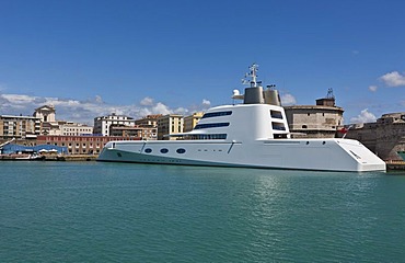 Mega yacht belonging to the billionaire Andrei Melnichenko, designed by Philippe Starck, in the port of Civitavecchia, Rome, Italy, Europe