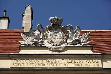 Coat of arms with an eagle on the gable of the Austrian Academy of Sciences, built between 1753 and 1755, Doktor-Ignaz-Seipel-Platz street 2, Vienna, Austria, Europe