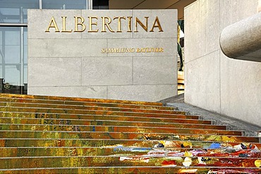 Staircase leading up to the "Albertina" Museum, decorated with the photo print of a painting by Monet, Albertina Platz 1, Vienna, Austria, Europa