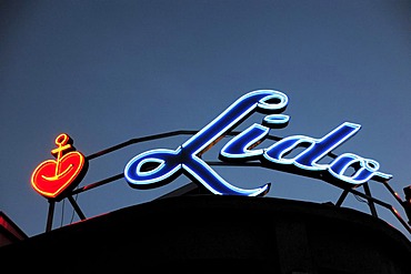 Neon lettering, Lido, a club in Kreuzberg Schlesisches Tor, Berlin, Germany, Europe