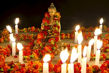 Statue of Buddha Shakyamuni, decorated with leis and surrounded by burning candles, on the bank of the Ganges, Varanasi, Uttar Pradesh, India, Asia