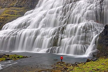 Woman in front of the Dynjandifoss or Fjallfoss waterfall, largest waterfall in the West Fjords, Northwest Iceland, Iceland, Europe