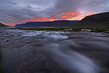 Dynjandi or Fjallfoss, midnight sun, West Fjords, Northwest Iceland, Iceland, Europe