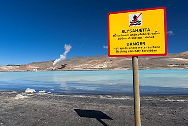 Warning sign, energy generation, geothermal area, lake MËvatn, northern Iceland, Europe