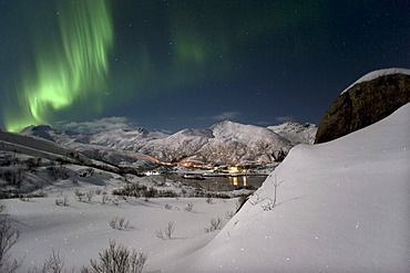 Northern Lights in Austnes Fjord, Lofoten Island of AustvÃ‚goya, Lofoten Islands, North Norway, Norway, Europe