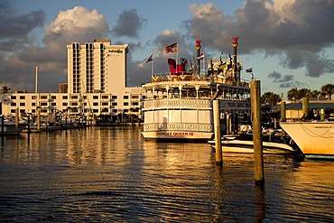 Excursion boat and Jungle Queen riverboat in the marina of Fort Lauderdale, Broward County, Florida, USA