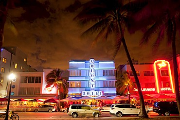 Illuminated Art Deco hotels along famous Ocean Drive in South Beach, Miami Beach, Florida, USA