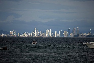 Skyline of Panama City, seen from the island of Isla Taboga, Panama, Central America