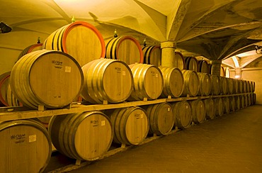 Wine aging in oak barrels in vaulted cellar in Montalcino, Toscana, Tuscany, Italy, Europe