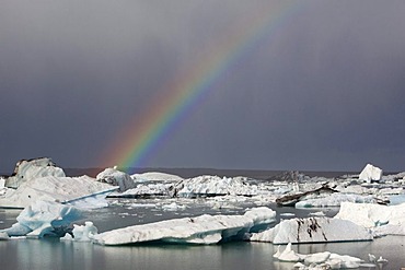 Joekulsarlon Glacier Lagoon with a rainbow, South Iceland, Iceland, Europe