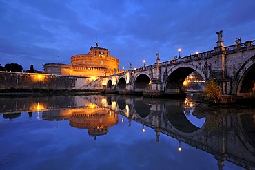 Castel Sant'Angelo and Ponte Sant'Angelo reflected in the Tiber river at dusk, Rome, Italy, Europe