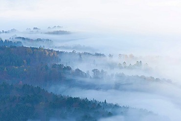 Misty landscape near Balingen, Swabian Alb, Baden-Wuerttemberg, Germany, Europe