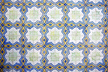 Azulejos, tiles, in the town of Tavira, eastern Algarve, Portugal, Europe