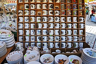 Cups and plates printed with animal motifs, Auer Dult market, Munich, Bavaria, Germany, Europe