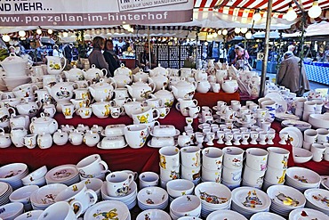 White porcelain crockery with funny animal designs, Auer Dult market, Munich, Bavaria, Germany, Europe