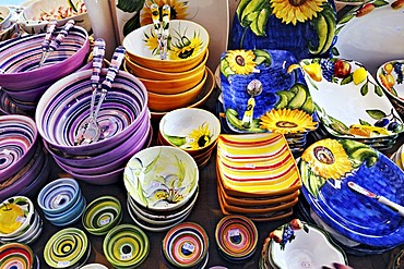 Colourful tableware, Auer Dult market, Munich, Bavaria, Germany, Europe