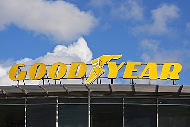 Signage, logo of Goodyear, an American tyre manufacturer, Riga, Latvia, Europe