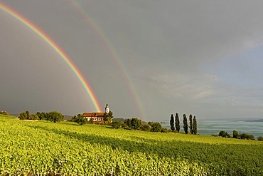 Rainbow over the Birnau pilgrimage church on Lake Constance, Lake Constance area, Baden-Wuerttemberg, Germany, Europe, PublicGround