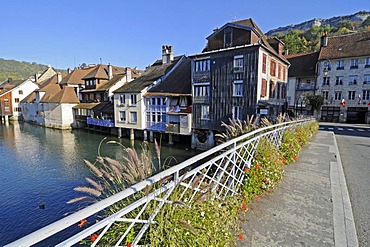 Flowers, bridge across the Loue River, village, Ornans, Besancon, departement of Doubs, Franche-Comte, France, Europe, PublicGround