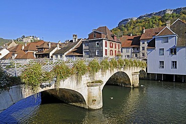 Bridge across the Loue River, decorated with flowers, village, Ornans, Besancon, departement of Doubs, Franche-Comte, France, Europe, PublicGround