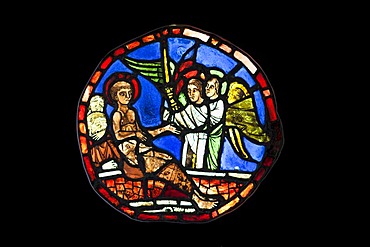 Stained glass roundel depicting St Vincent being consoled by angels, made between about 1225-1250 by a French artist, Stained Glass Museum in Ely Cathedral, Ely, England, United Kingdom, Europe