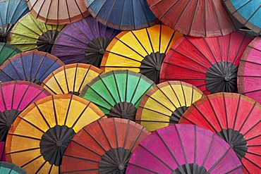 Multicoloured hand-made paper umbrellas or parasols, Luang Prabang, Laos, Southeast Asia