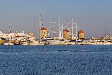 Windmills, Mandraki harbour, Rhodes, Greece, Europe, PublicGround