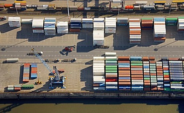 Aerial view, container storage area, port of Duisburg, Duisport, container port, coal dock, Ruhr river, Rhine, Ruhrort quarter, Duisburg, Ruhr Area, North Rhine-Westphalia, Germany, Europe