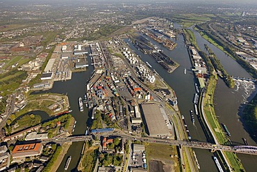 Aerial view, port of Duisburg, Duisport, container port, coal dock, Ruhr river, Rhine, Ruhrort quarter, Duisburg, Ruhr Area, North Rhine-Westphalia, Germany, Europe