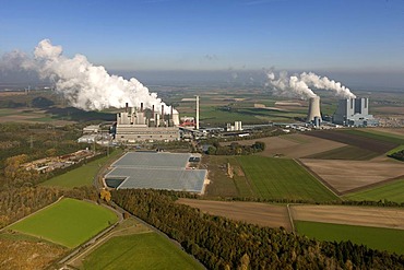 Aerial view, old and new power plants, lignite-fired power plant, RWE-Power, Niederaussem, Rhineland, North Rhine-Westphalia, Germany, Europe