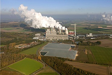 Aerial view, old and new power plants, lignite-fired power plant, RWE-Power, Niederaussem, Rhineland, North Rhine-Westphalia, Germany, Europe