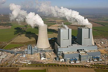 Aerial view, old and new power plants, lignite-fired power plant, RWE-Power, Niederaussem, Rhineland, North Rhine-Westphalia, Germany, Europe