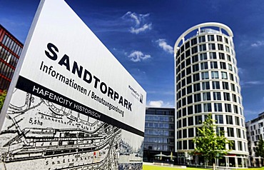 Sandtorpark and the International Coffee Plaza office tower in HafenCity, Hamburg, Germany, Europe