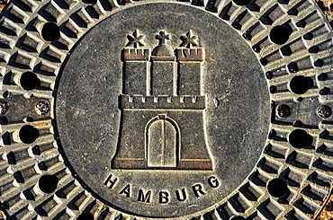 Manhole cover with Hamburg coat of arms, Hamburg, Germany, Europe