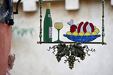 Restaurant sign in Riquewihr, Alsace, Vosges, France, Europe