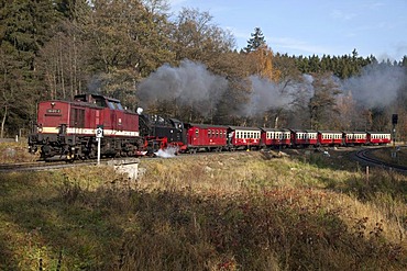 Brockenbahn railway on the way to the Brocken, Harz narrow-gauge railways, HSB, Drei-Annen-Hohne, Brocken Mountain, Harz National Park, Saxony-Anhalt, Germany, Europe, PublicGround