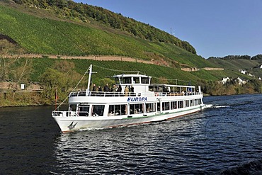 Europa pleasure boat, built in 1986, near Uerzig, Moselle River, Rhineland-Palatinate, Germany, Europe