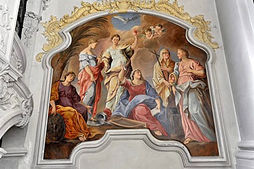 Mural painting, Heilig-Geist-Kirche church on Viktualienmarkt square, Munich, Bavaria, Germany, Europe