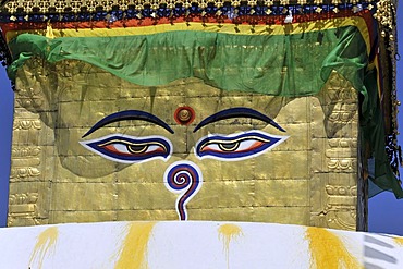 The eyes of Buddha, Tibetan Buddhism, Hinduism, Swayambhunath Temple, white stupa, golden tower, The Himalayas, Kathmandu, Kathmandu Valley, Nepal, Asia