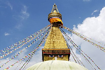 Stupa with prayer flags and eyes of Buddha, Boudhanath, Kathmandu, Nepal, Asia