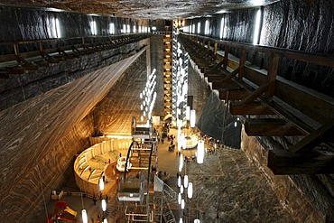 Salina Turda salt mine with a view over Mina Rudolf and the amusement park, Turda, Thorenburg, Cluj, Transylvania, Romania, Europe