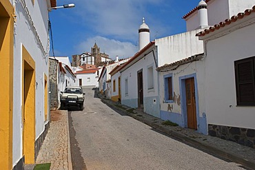 Castle and chimneys, village of Mourao, Alentejo, Portugal, Europe