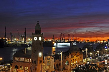 Jetties or landing bridges with Alter Elbtunnel, Old Elbe Tunnel, sunset, Hamburg, Germany, Europe